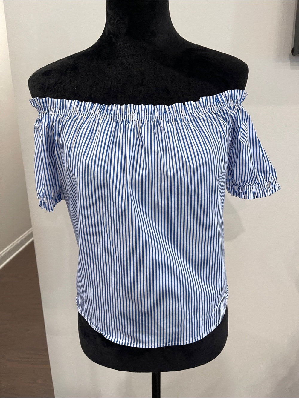 Blue & white stripped puff sleeve peasant top off shoulder